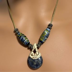 Statement necklace blue cream stone silver beads ties boho hippie NEW NWOT GIFT